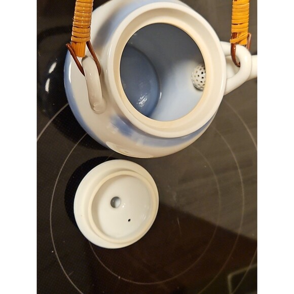 Vintage Blue Porcelain Tea Pot with Straw Handle Japanese Cranes Gold Accent EUC - Picture 6 of 11